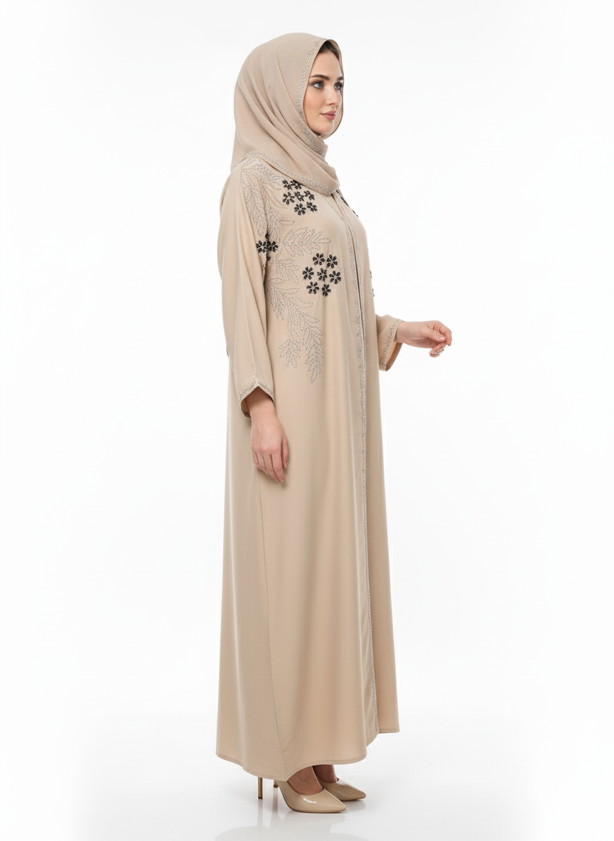 Premium Embroidered Abaya | Embellished Beige Modest Dress | Rizqé Luxury