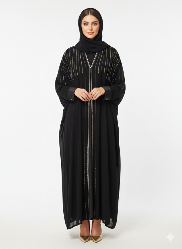 Rizqé Black Open Abaya | Vertical Beaded Embellishment | Voluminous Batwing Sleeve Cut | Luxury Evening Modest Wear
