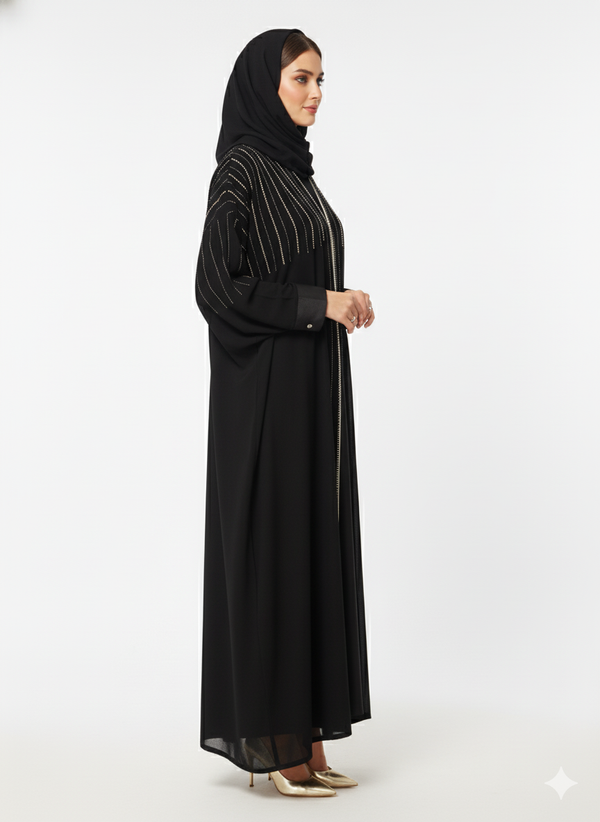 Rizqé Black Open Abaya | Vertical Beaded Embellishment | Voluminous Batwing Sleeve Cut | Luxury Evening Modest Wear