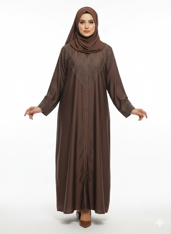 Rizqé Mocha Brown Closed Abaya | Silver Geometric Thread Embellishment | A-Line Silhouette & Fitted Sleeve Cuffs