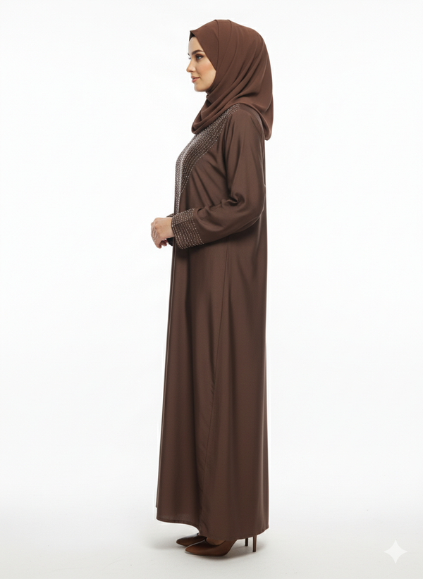 Rizqé Mocha Brown Closed Abaya | Silver Geometric Thread Embellishment | A-Line Silhouette & Fitted Sleeve Cuffs