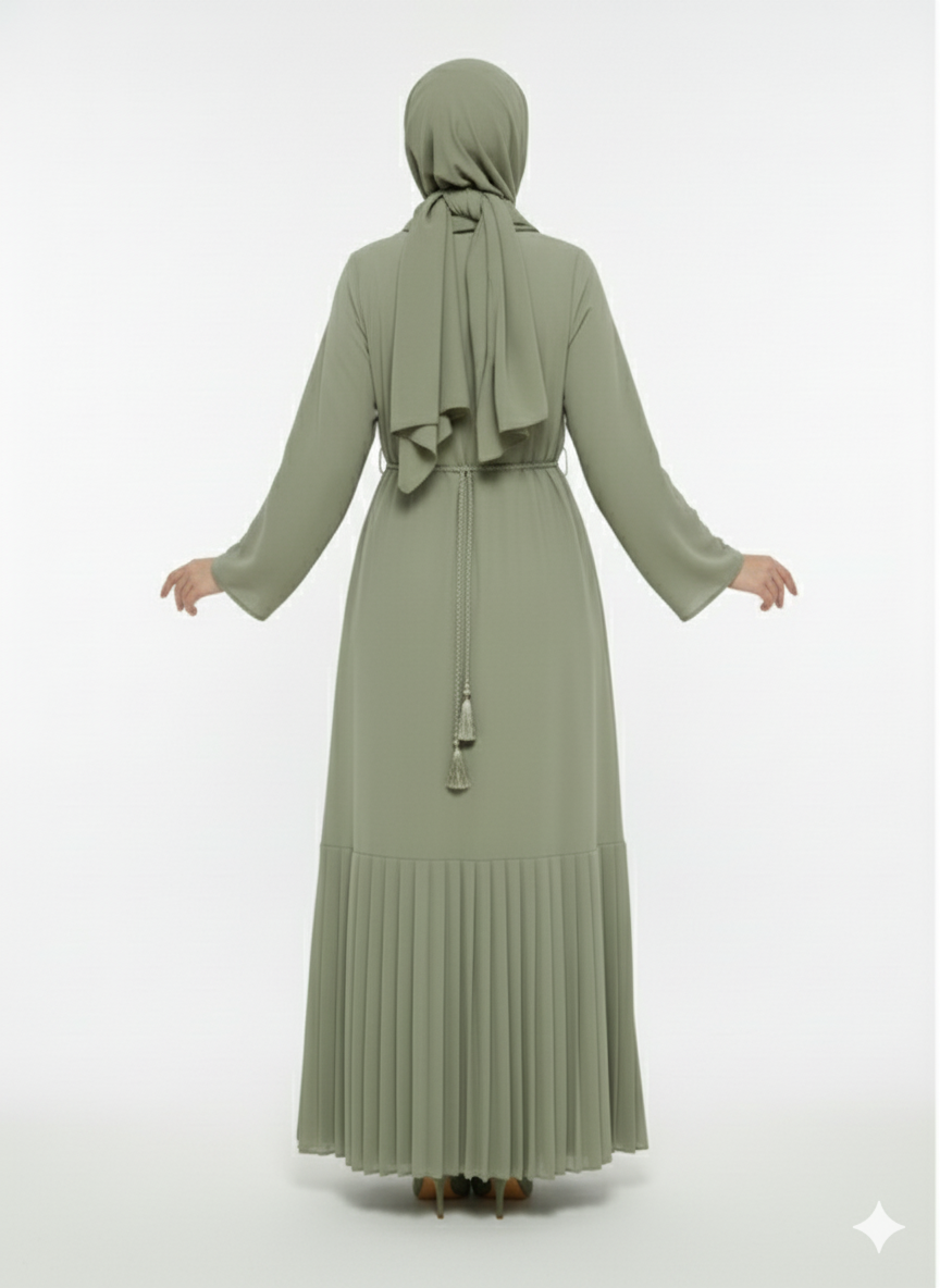 Rizqé Pistachio Green Abaya | Bronze Embroidery | Micro-Pleat Side Panels | Nida/Crepe Modesty Wear