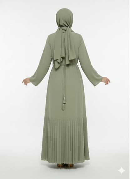 Rizqé Pistachio Green Abaya | Bronze Embroidery | Micro-Pleat Side Panels | Nida/Crepe Modesty Wear