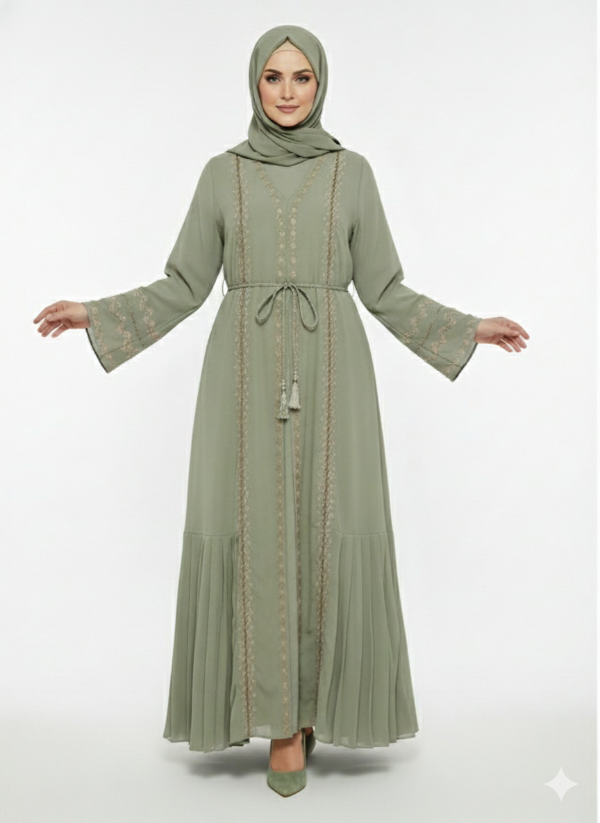 Rizqé Pistachio Green Abaya | Bronze Embroidery | Micro-Pleat Side Panels | Nida/Crepe Modesty Wear