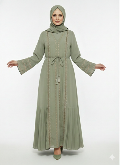 Rizqé Pistachio Green Abaya | Bronze Embroidery | Micro-Pleat Side Panels | Nida/Crepe Modesty Wear