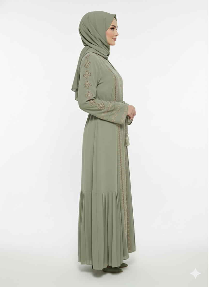 Rizqé Pistachio Green Abaya | Bronze Embroidery | Micro-Pleat Side Panels | Nida/Crepe Modesty Wear