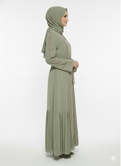 Rizqé Pistachio Green Abaya | Bronze Embroidery | Micro-Pleat Side Panels | Nida/Crepe Modesty Wear