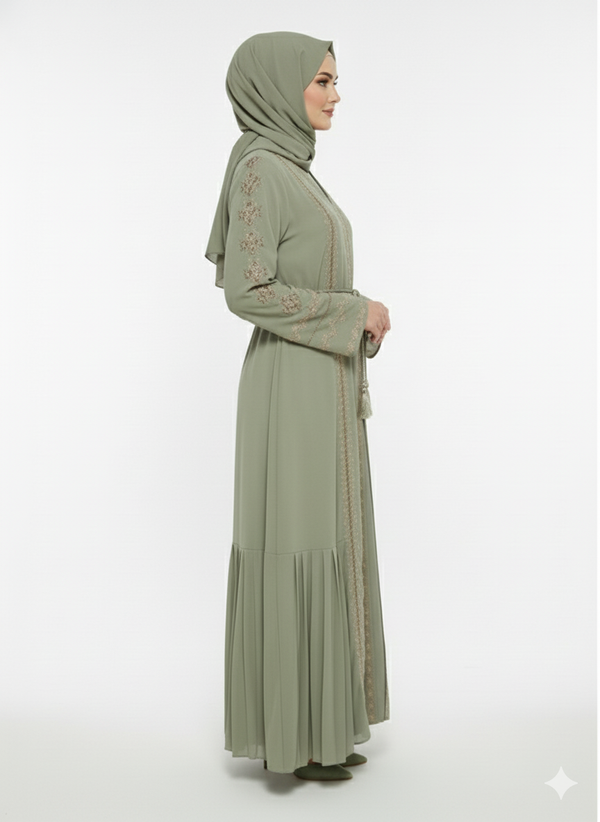 Rizqé Pistachio Green Abaya | Bronze Embroidery | Micro-Pleat Side Panels | Nida/Crepe Modesty Wear