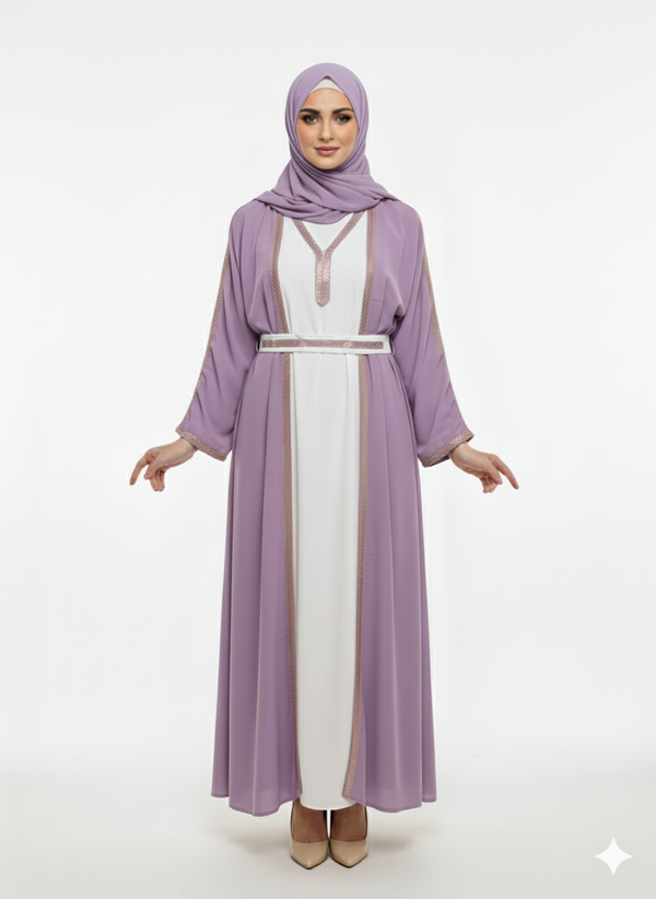 Rizqé Lavender Open Jacket Abaya | White Contrast Inner Panel | Rose-Gold Trim Detail & Tie-Belt | Pastel Luxury Modesty Wear