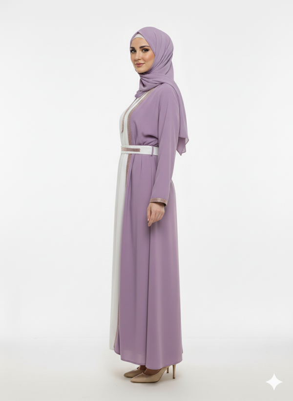 Rizqé Lavender Open Jacket Abaya | White Contrast Inner Panel | Rose-Gold Trim Detail & Tie-Belt | Pastel Luxury Modesty Wear
