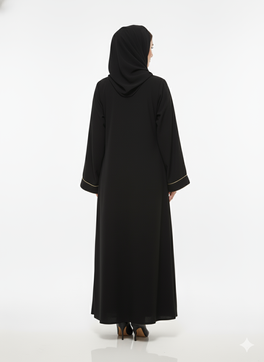 Rizqé Black Tiered Jacket Abaya | Gold Piped Layered Flared Ruffle Hem Detail | High-Fashion Open Modesty Wear