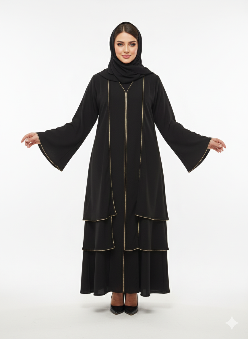 Rizqé Black Tiered Jacket Abaya | Gold Piped Layered Flared Ruffle Hem Detail | High-Fashion Open Modesty Wear