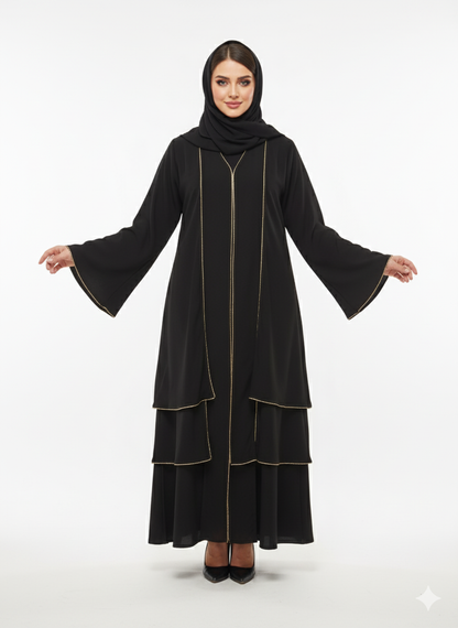 Rizqé Black Tiered Jacket Abaya | Gold Piped Layered Flared Ruffle Hem Detail | High-Fashion Open Modesty Wear