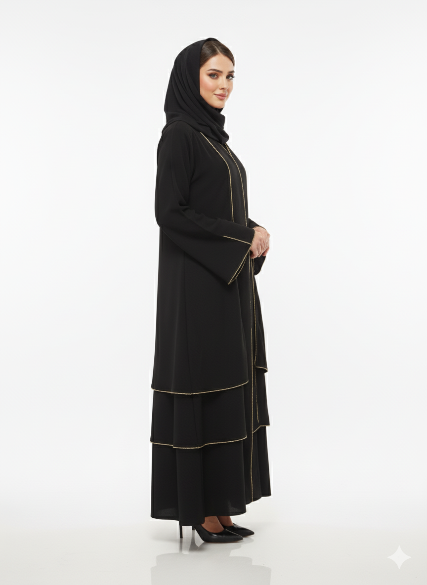 Rizqé Black Tiered Jacket Abaya | Gold Piped Layered Flared Ruffle Hem Detail | High-Fashion Open Modesty Wear