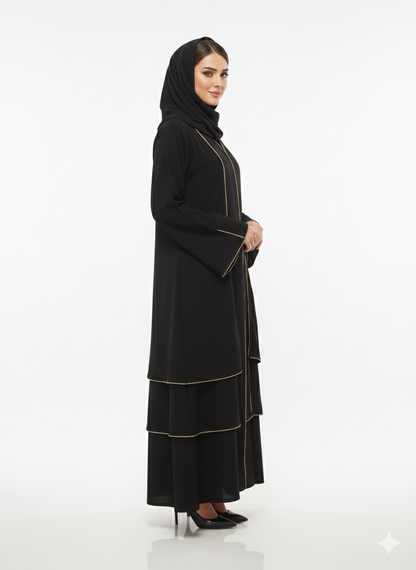 Rizqé Black Tiered Jacket Abaya | Gold Piped Layered Flared Ruffle Hem Detail | High-Fashion Open Modesty Wear