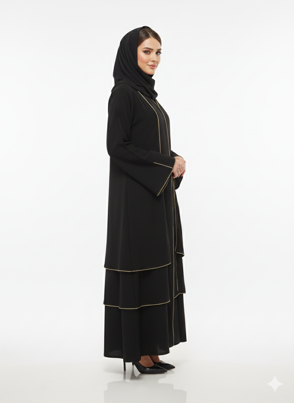 Rizqé Black Tiered Jacket Abaya | Gold Piped Layered Flared Ruffle Hem Detail | High-Fashion Open Modesty Wear