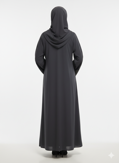 Rizqé Charcoal Gray Nida Abaya | Micro-Pleat Sleeve and Hem Detail | Silver Piped Open Front | Contemporary Modesty Wear