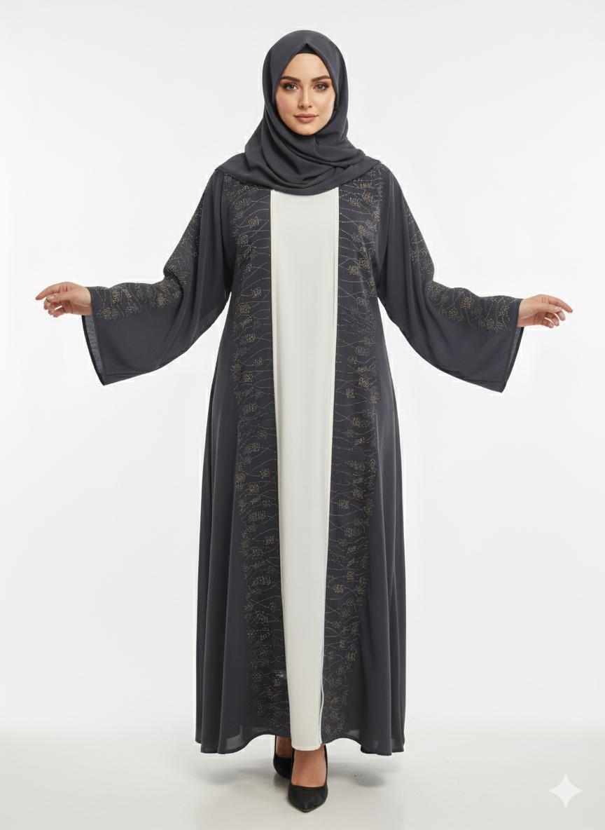 Rizqé Charcoal Gray Nida Abaya | Micro-Pleat Sleeve and Hem Detail | Silver Piped Open Front | Contemporary Modesty Wear