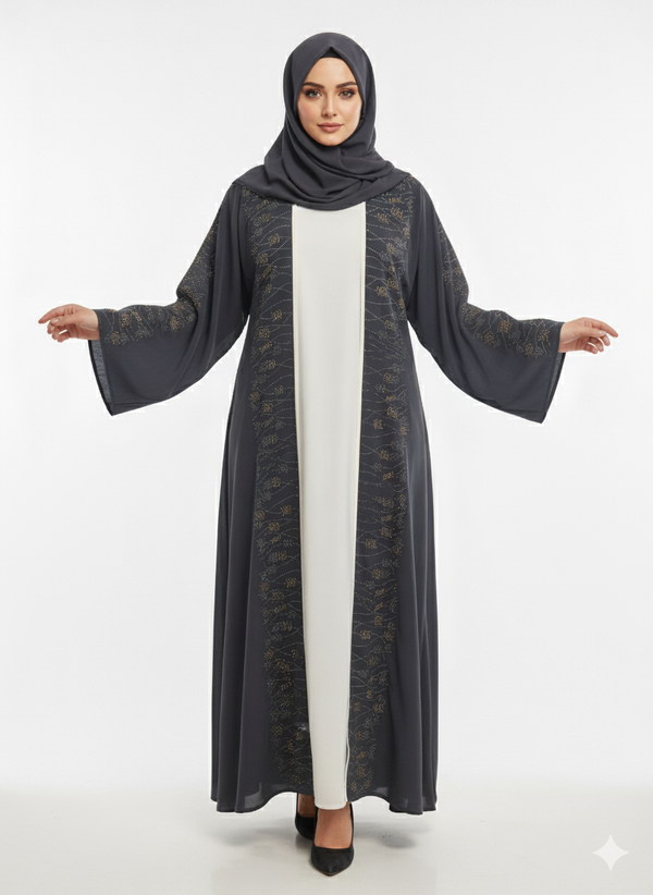 Rizqé Charcoal Gray Nida Abaya | Micro-Pleat Sleeve and Hem Detail | Silver Piped Open Front | Contemporary Modesty Wear