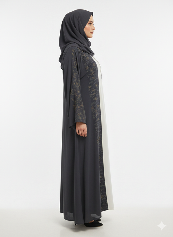Rizqé Charcoal Gray Nida Abaya | Micro-Pleat Sleeve and Hem Detail | Silver Piped Open Front | Contemporary Modesty Wear