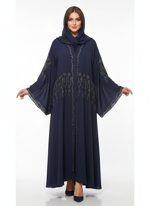 Rizqé Navy Blue Butterfly Abaya | Vine Embellishment | Wide Flared Sleeves | Elegantly Flowing Modesty Wear