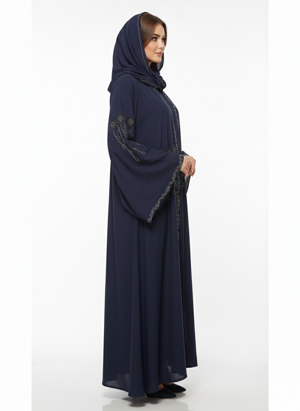 Rizqé Navy Blue Butterfly Abaya | Vine Embellishment | Wide Flared Sleeves | Elegantly Flowing Modesty Wear