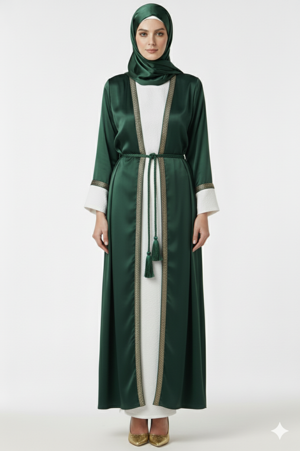 Emerald Green Satin Jacket Abaya | White Contrast Inner Panel & Gold Trim | Rizqé Luxury Jewel Tone Occasion Wear