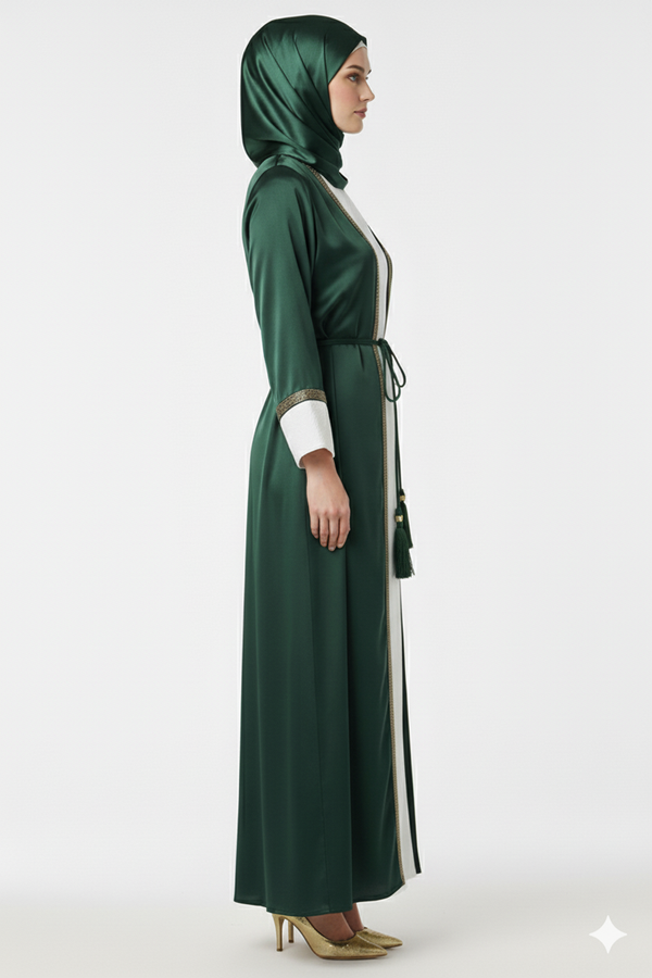 Emerald Green Satin Jacket Abaya | White Contrast Inner Panel & Gold Trim | Rizqé Luxury Jewel Tone Occasion Wear
