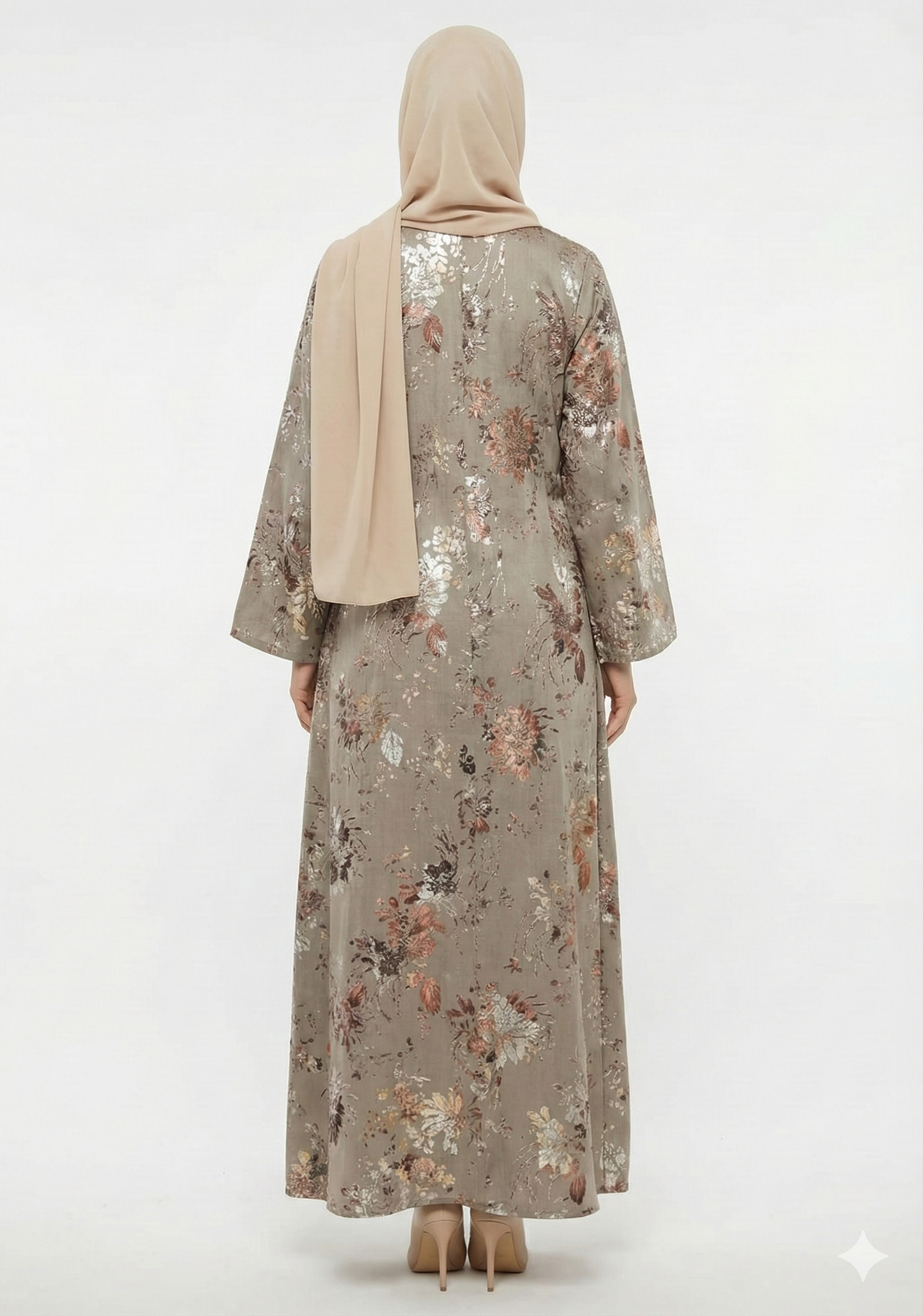 Golden Flora Beige Abaya | Rizqé Luxury Foil Print Modest Wrap with Flared Sleeves