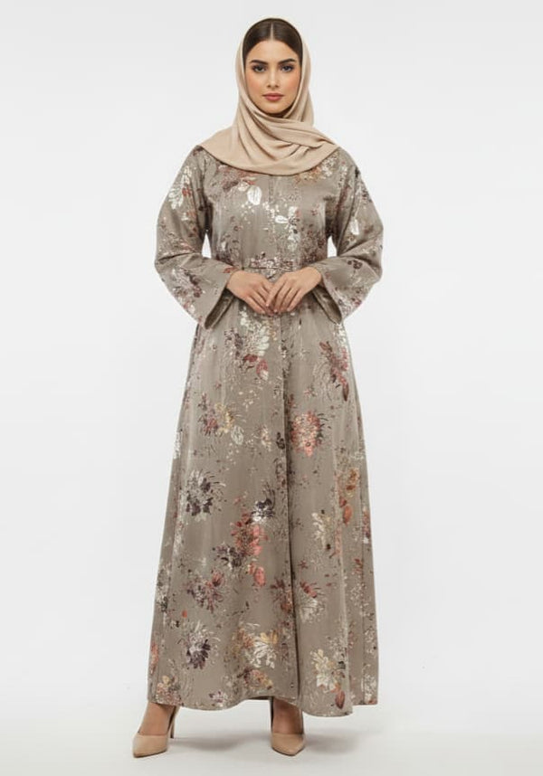 Golden Flora Beige Abaya | Rizqé Luxury Foil Print Modest Wrap with Flared Sleeves