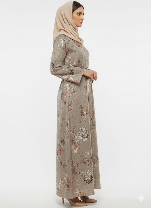 Golden Flora Beige Abaya | Rizqé Luxury Foil Print Modest Wrap with Flared Sleeves