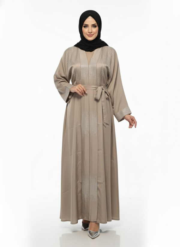 Premium Crystal Embellished Abaya | Taupe Belted Modest Dress | Rizqé Luxury & Festive Wear