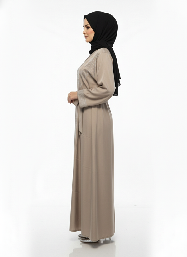 Premium Crystal Embellished Abaya | Taupe Belted Modest Dress | Rizqé Luxury & Festive Wear