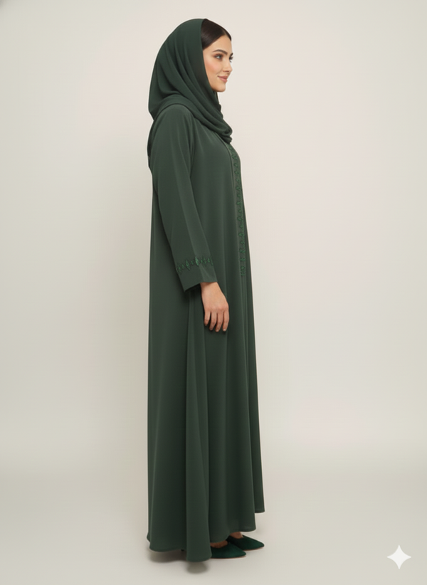 Emerald Forest Crystal Abaya | Rizqé Luxury Green Stonework Premium  Modest Wrap Dress