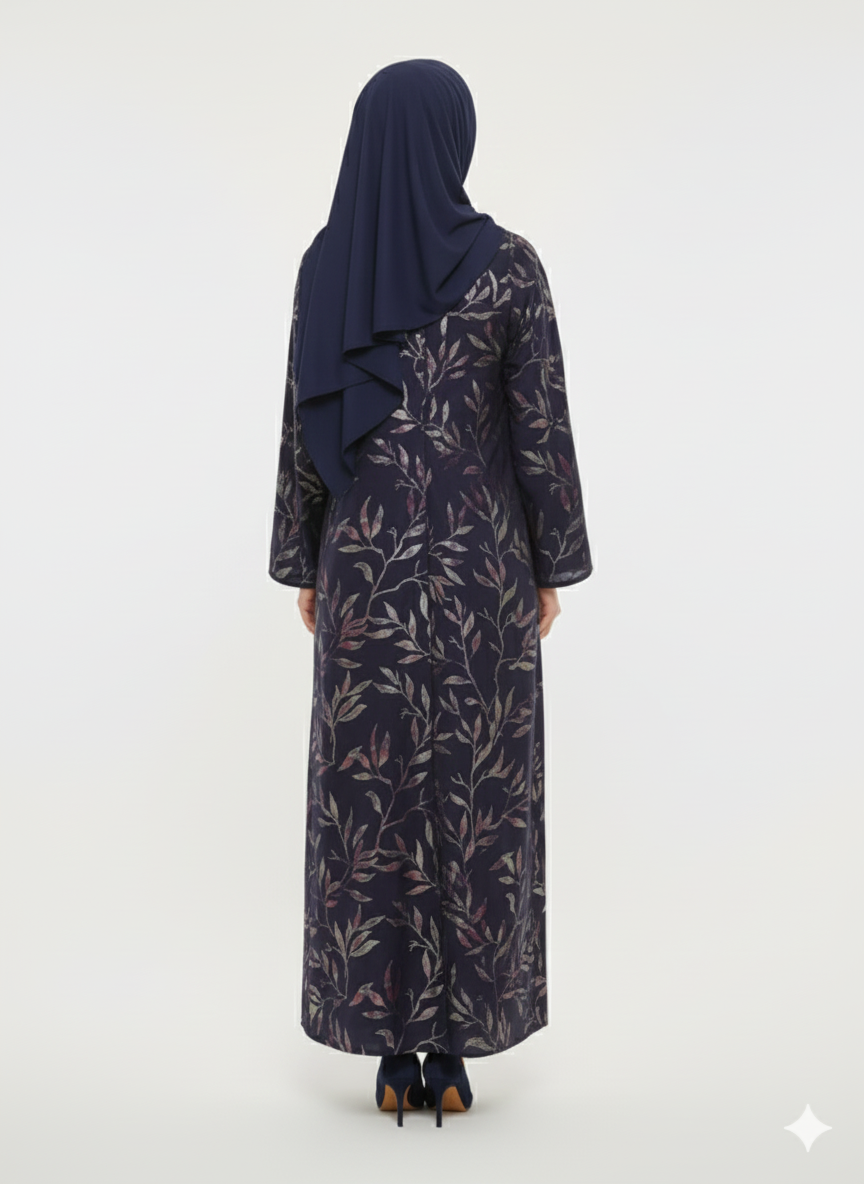 Midnight Starlight Navy Abaya | Rizqé Silver Foil Print Luxury Modest Premium Wrap Dress