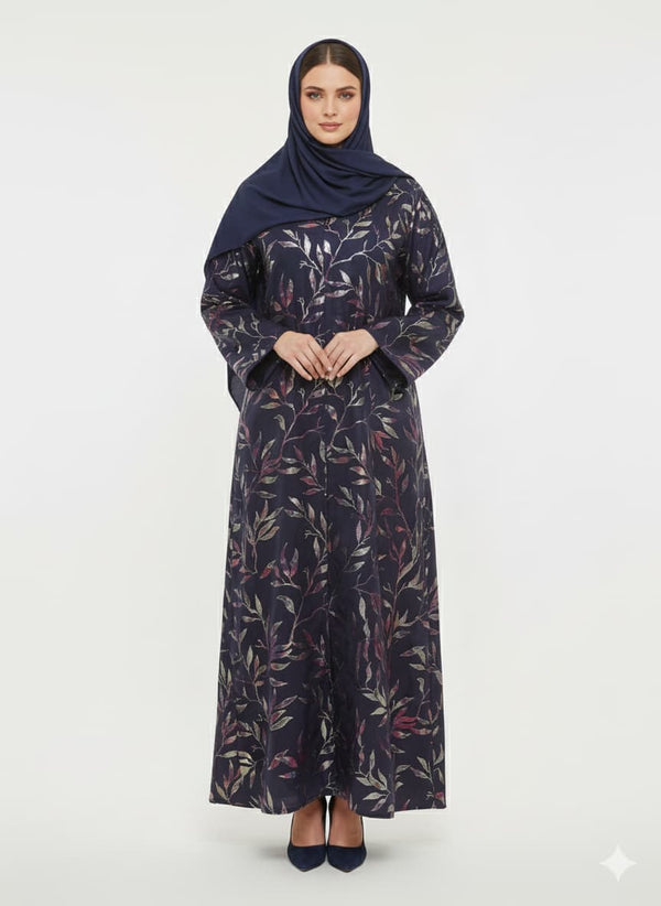 Midnight Starlight Navy Abaya | Rizqé Silver Foil Print Luxury Modest Premium Wrap Dress