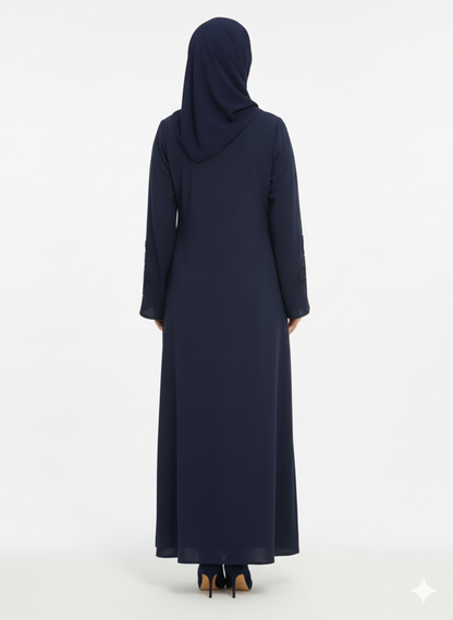 Midnight Artisan Navy Abaya | Rizqé Luxury Hand-Embroidered Crystal & Silk Open Wrap