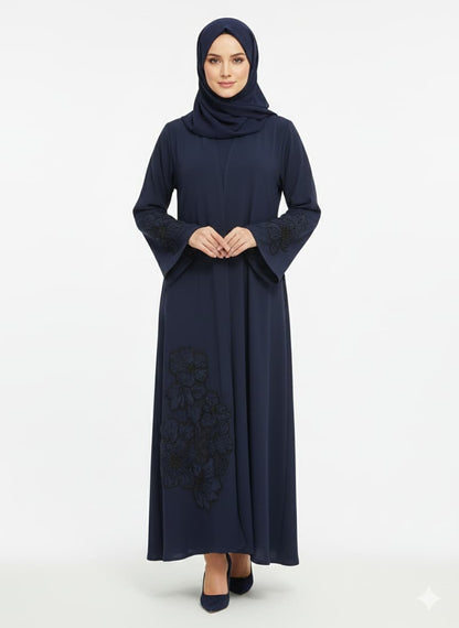 Midnight Artisan Navy Abaya | Rizqé Luxury Hand-Embroidered Crystal & Silk Open Wrap