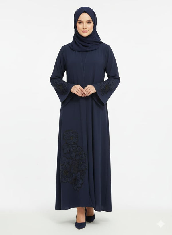 Midnight Artisan Navy Abaya | Rizqé Luxury Hand-Embroidered Crystal & Silk Open Wrap