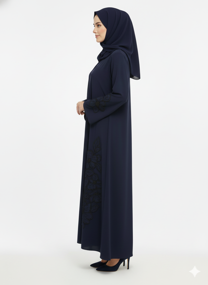 Midnight Artisan Navy Abaya | Rizqé Luxury Hand-Embroidered Crystal & Silk Open Wrap