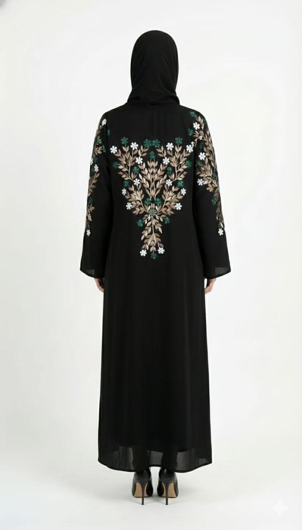 Obsidian Noir Hand-Embroidered Abaya | Rizqé Luxury Crystal & Beadwork Open Wrap