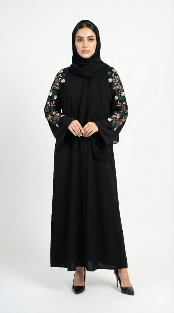 Obsidian Noir Hand-Embroidered Abaya | Rizqé Luxury Crystal & Beadwork Open Wrap