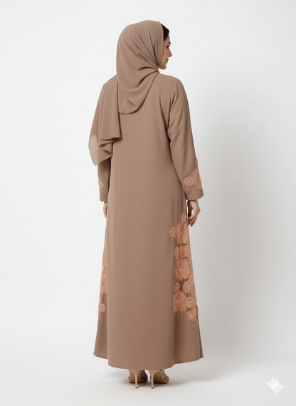 Mocha Side-Artisan Abaya | Rizqé Luxury Coffee Brown Hand-Embroidered Vertical Detail Wrap