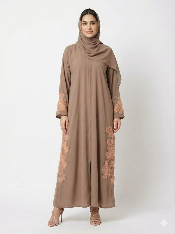 Mocha Side-Artisan Abaya | Rizqé Luxury Coffee Brown Hand-Embroidered Vertical Detail Wrap