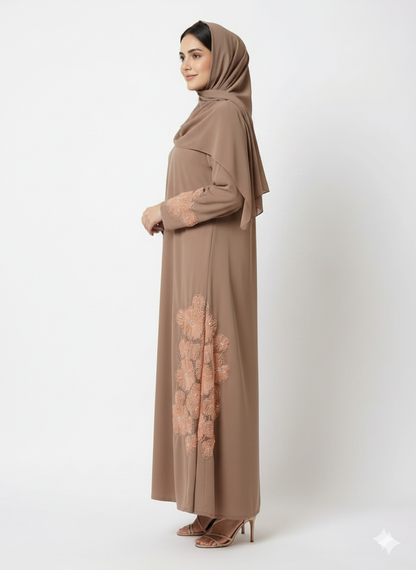 Mocha Side-Artisan Abaya | Rizqé Luxury Coffee Brown Hand-Embroidered Vertical Detail Wrap