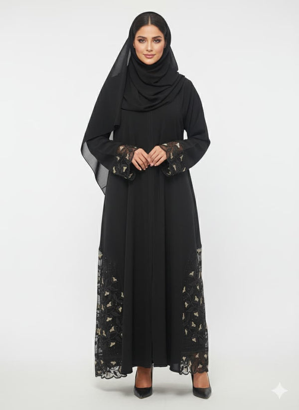 Noir Lattice Side-Detail Abaya | Rizqé Black Sheer Net Embroidered Luxury Wrap
