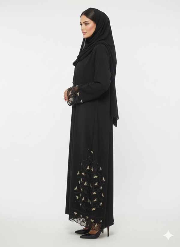 Noir Lattice Side-Detail Abaya | Rizqé Black Sheer Net Embroidered Luxury Wrap