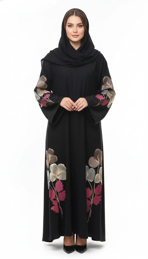 Midnight Bloom Black Abaya | Rizqé Luxury Vibrant Floral Hand-Embroidered Open Wrap