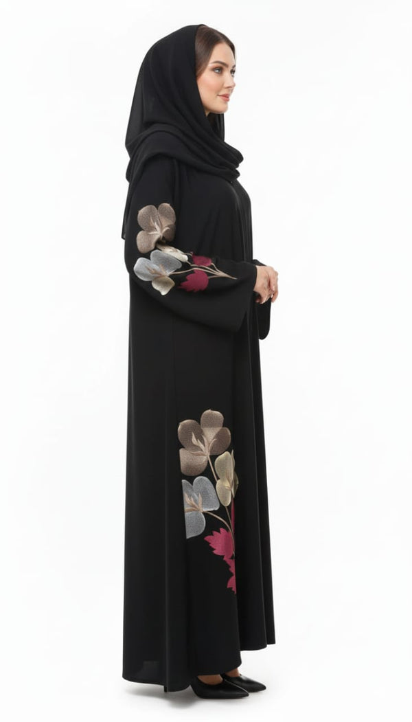 Midnight Bloom Black Abaya | Rizqé Luxury Vibrant Floral Hand-Embroidered Open Wrap