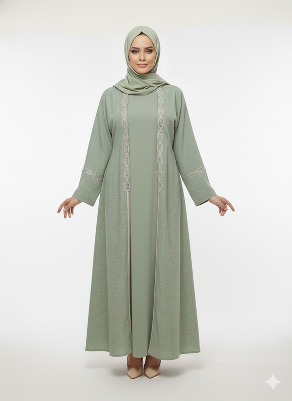 Sage Green Mirror Work Abaya | Rizqé Luxury Sheesha Embellished Modest Open Wrap Dress